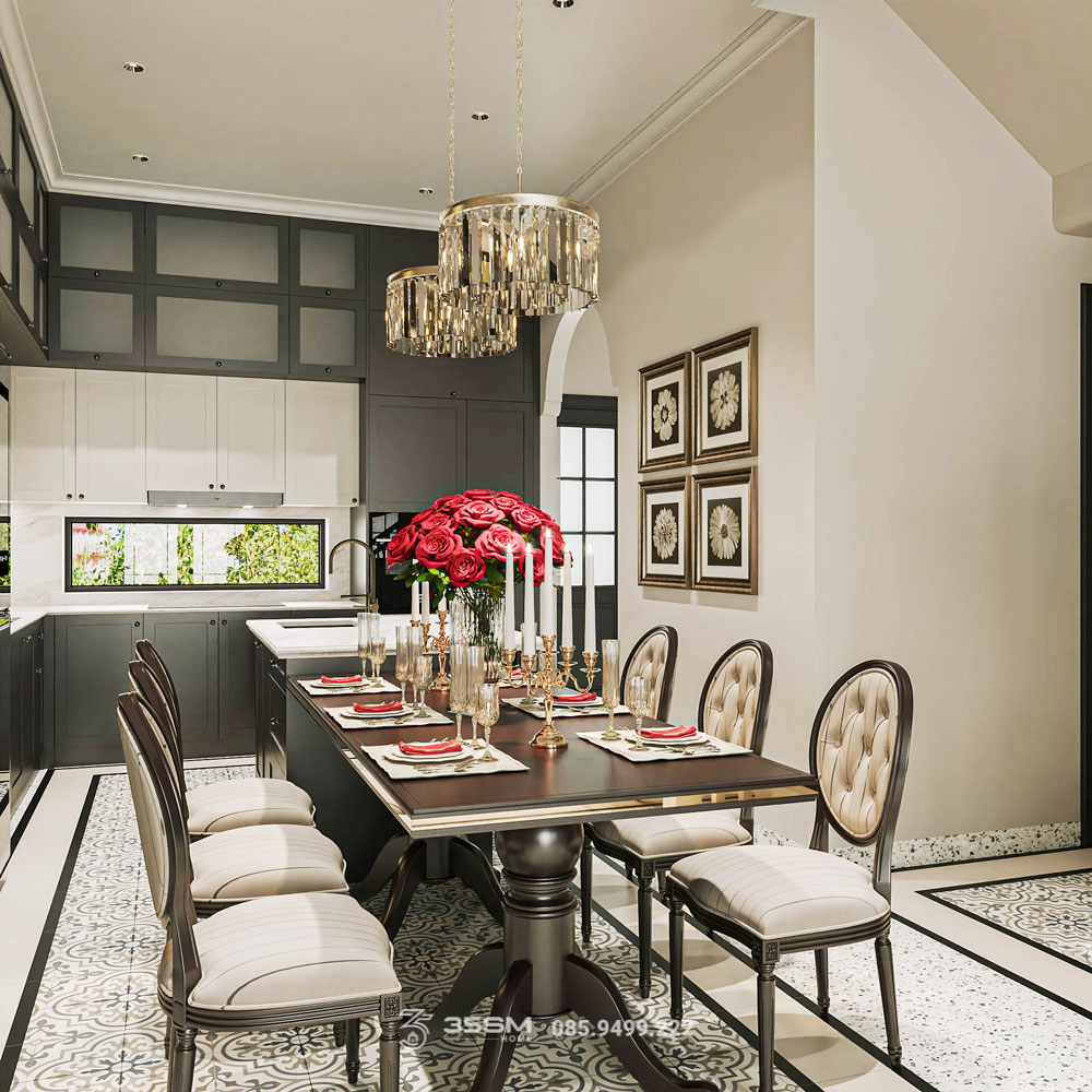 Bàn ăn và tủ bếp đẹp phong cách indochine nhà lô phố