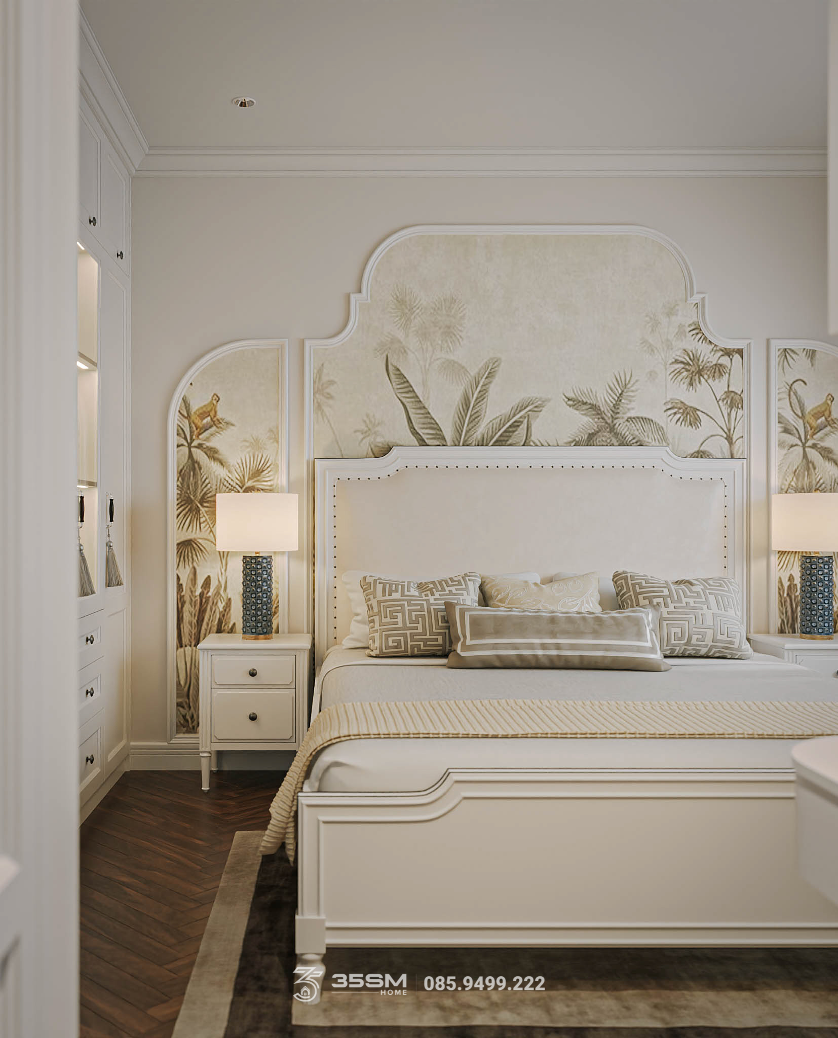 Giường ngủ phong cách indochine hiện đại màu trắng giống tân cổ điển