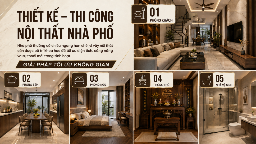 Nhà phố thường có chiều ngang hạn chế nên việc bố trí nội thất cần khoa học để đảm bảo tối ưu không gian sử dụng. Các hạng mục thiết kế thi công nội thất nhà phố bao gồm: Thiết kế, thi công nội thất Phòng khách. Thiết kế, thi công nội thất Phòng bếp. Thiết kế, thi công nội thất Phòng ngủ. Thiết kế, thi công nội thất Phòng thờ. Thiết kế, thi công nội thất nhà vệ sinh. 