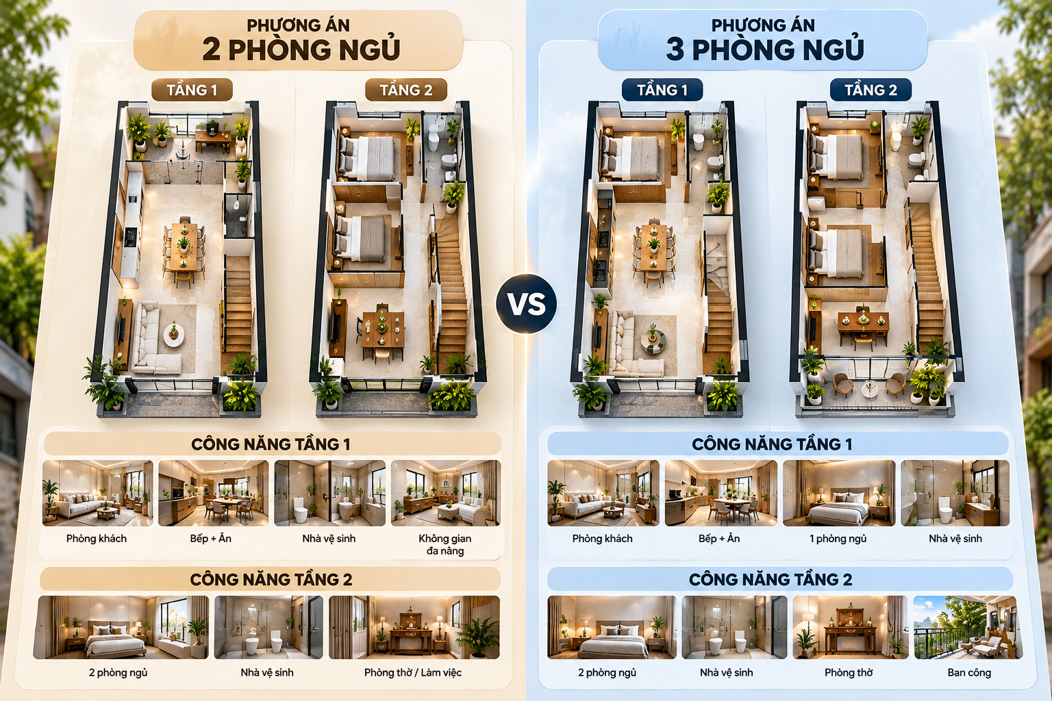 Các phương án nhà 2 tầng 80m² có 2 đến 4 phòng ngủ