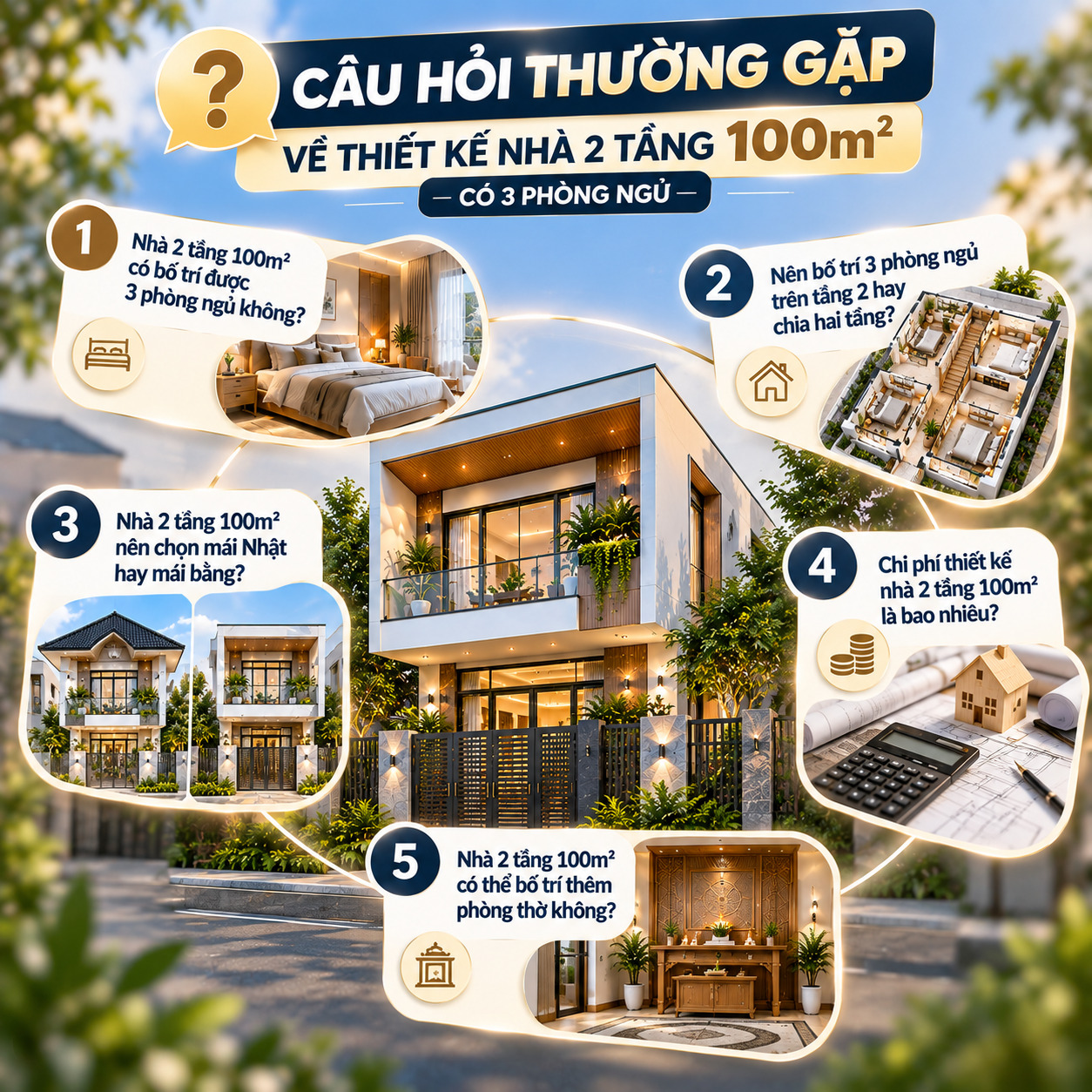 Các câu hỏi thường gặp về thiết kế nhà 2 tầng 100m² có 3 phòng ngủ