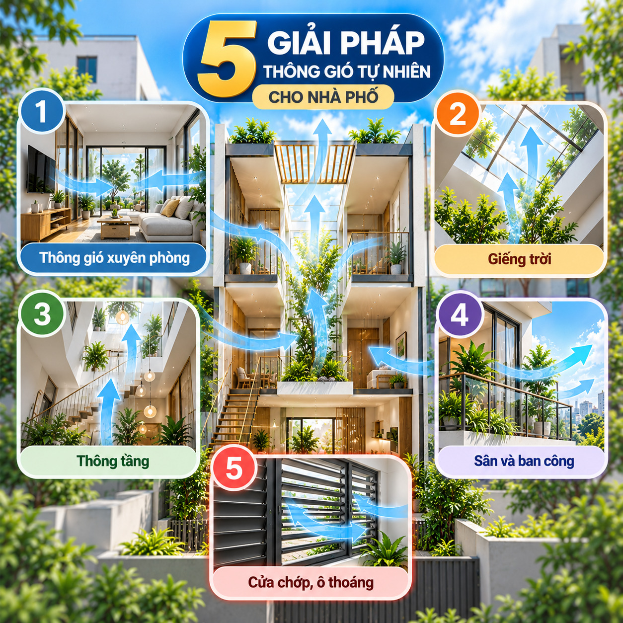 Kết hợp thông gió lấy sáng và chống nóng cho nhà phố