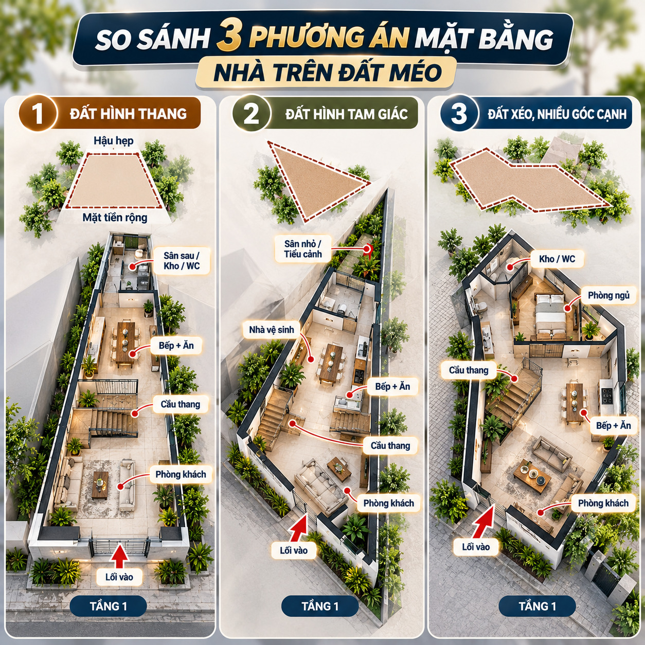 So sánh 3 phương án mặt bằng nhà trên đất méo