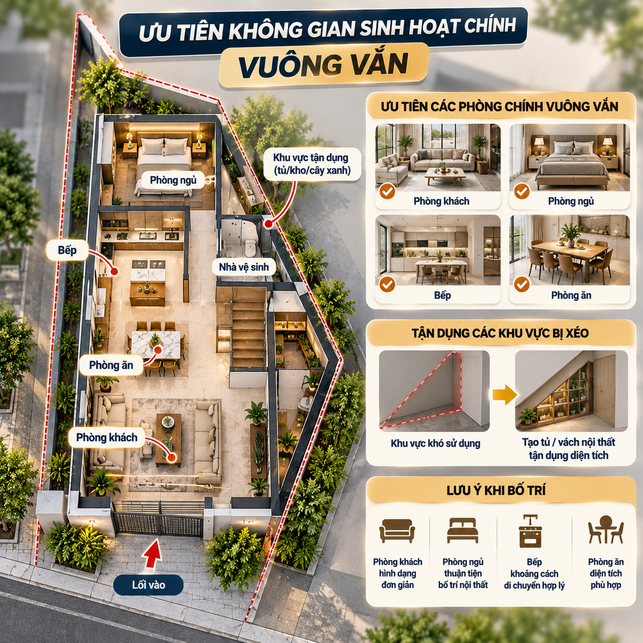Giải pháp bố trí phòng vuông vắn trên đất méo