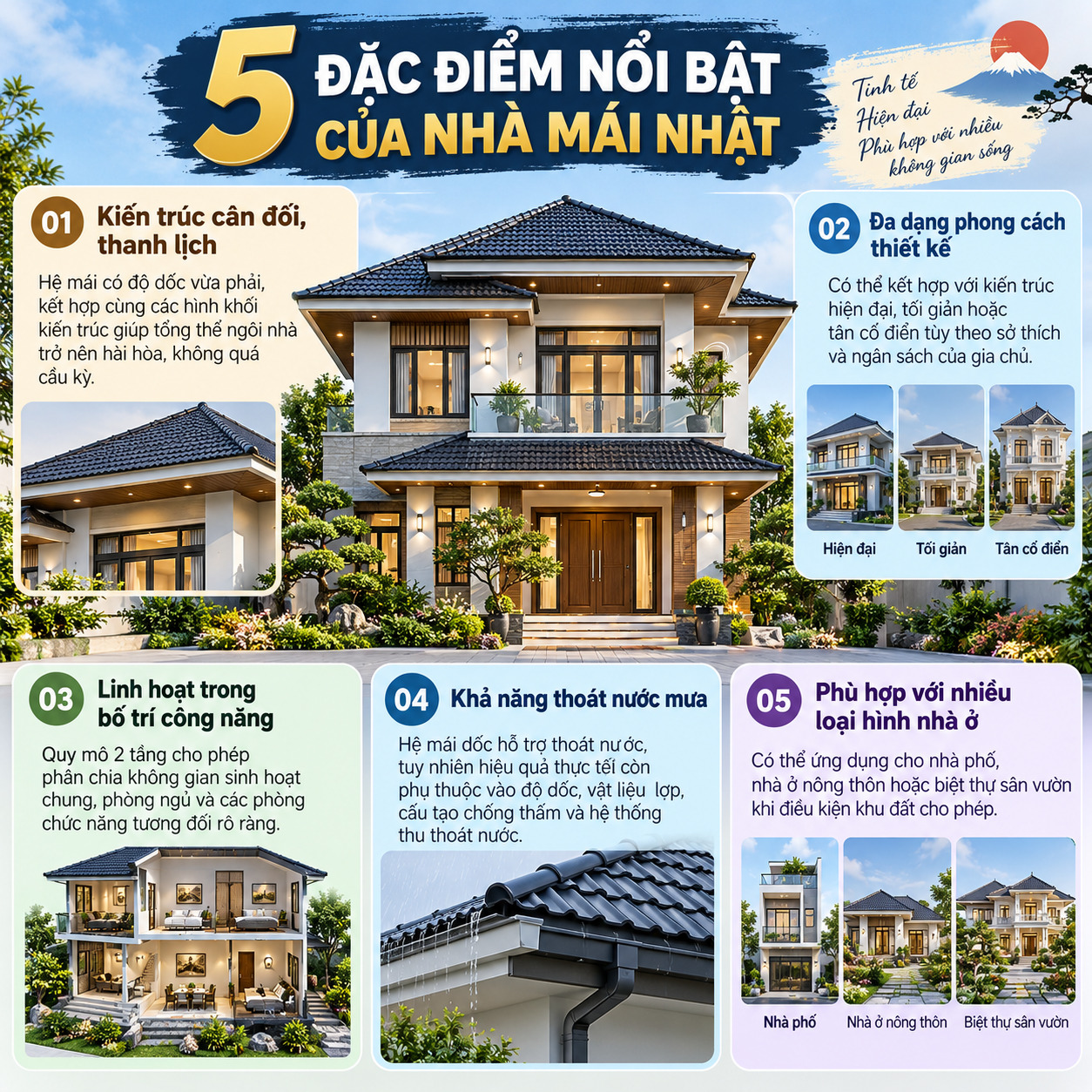 Infographic 5 đặc điểm nổi bật của nhà mái Nhật