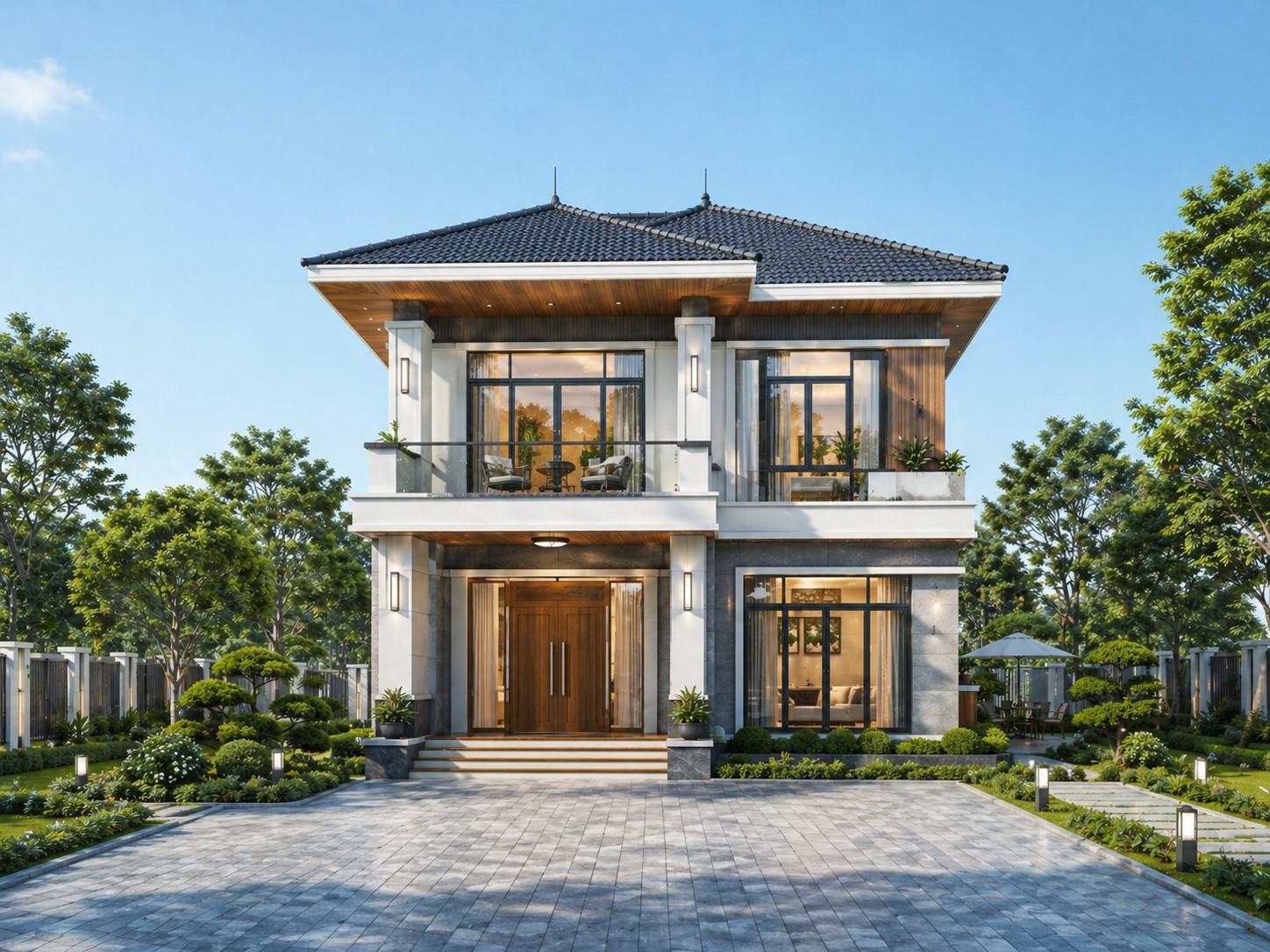 mẫu nhà mái Nhật 2 tầng có sân vườn
