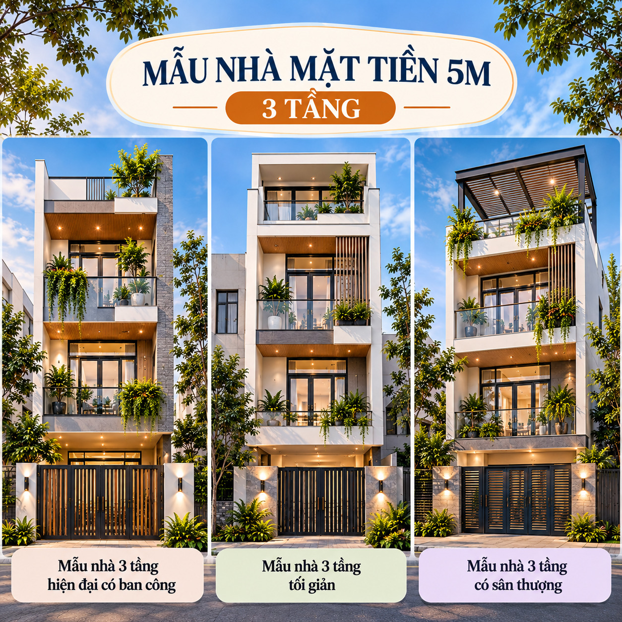 Mẫu nhà mặt tiền 5m 3 tầng hiện đại