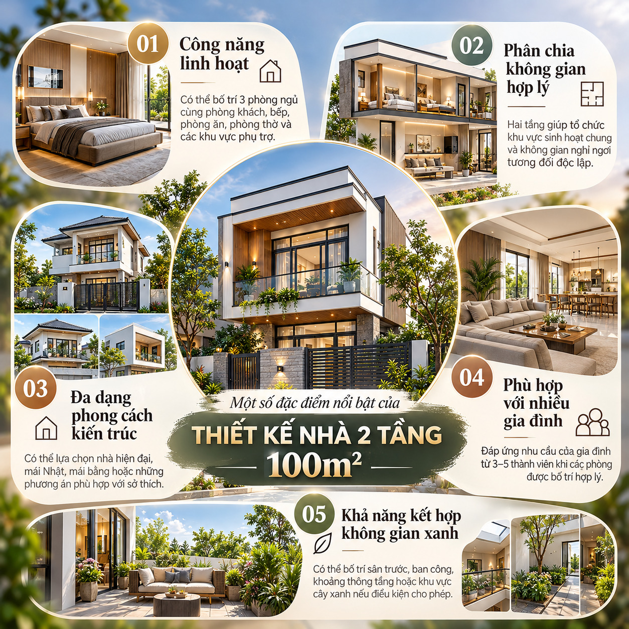 Đặc điểm nhà 2 tầng 100m² có 3 phòng ngủ