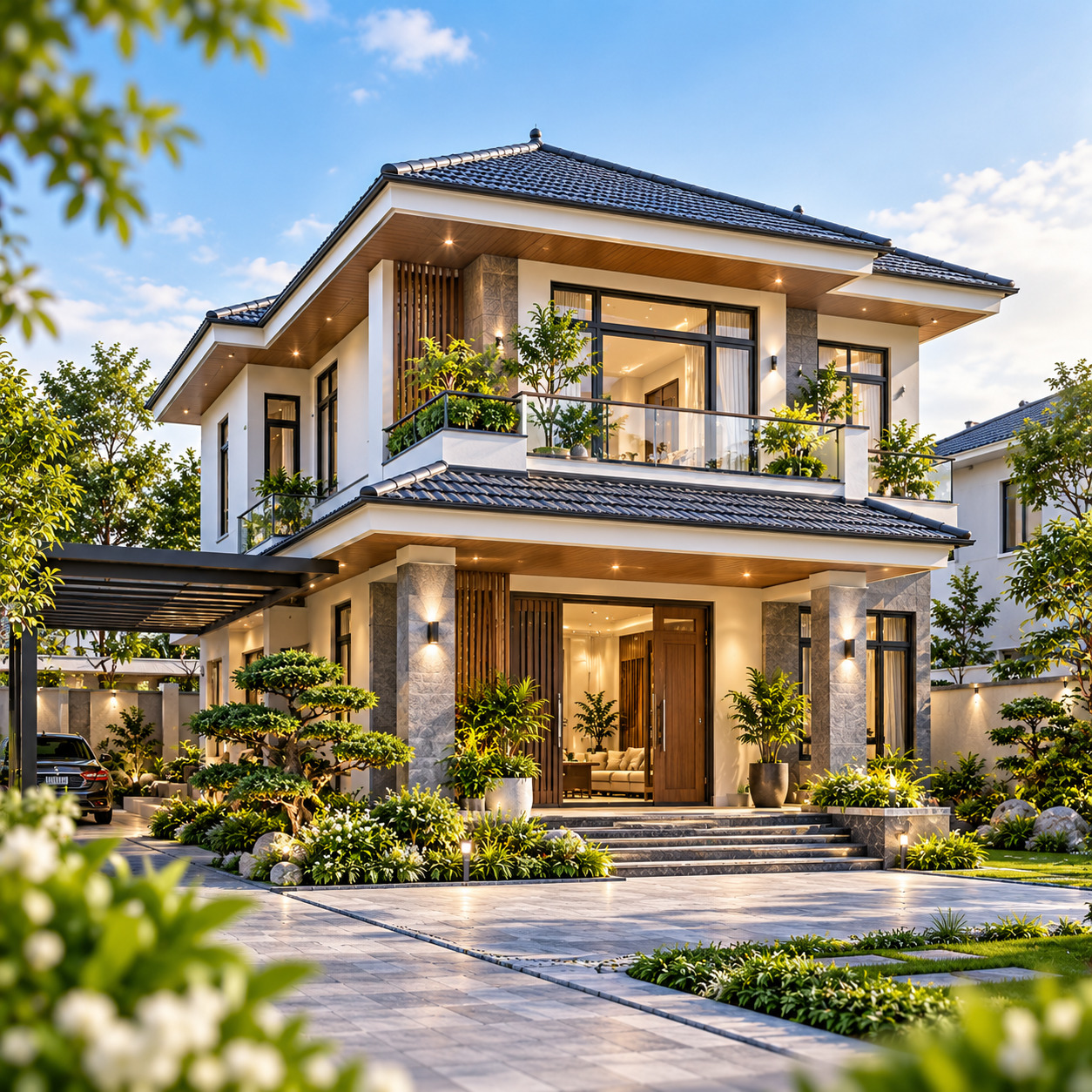 Phối cảnh nhà 2 tầng mái Nhật đẹp, hiện đại, có sân vườn