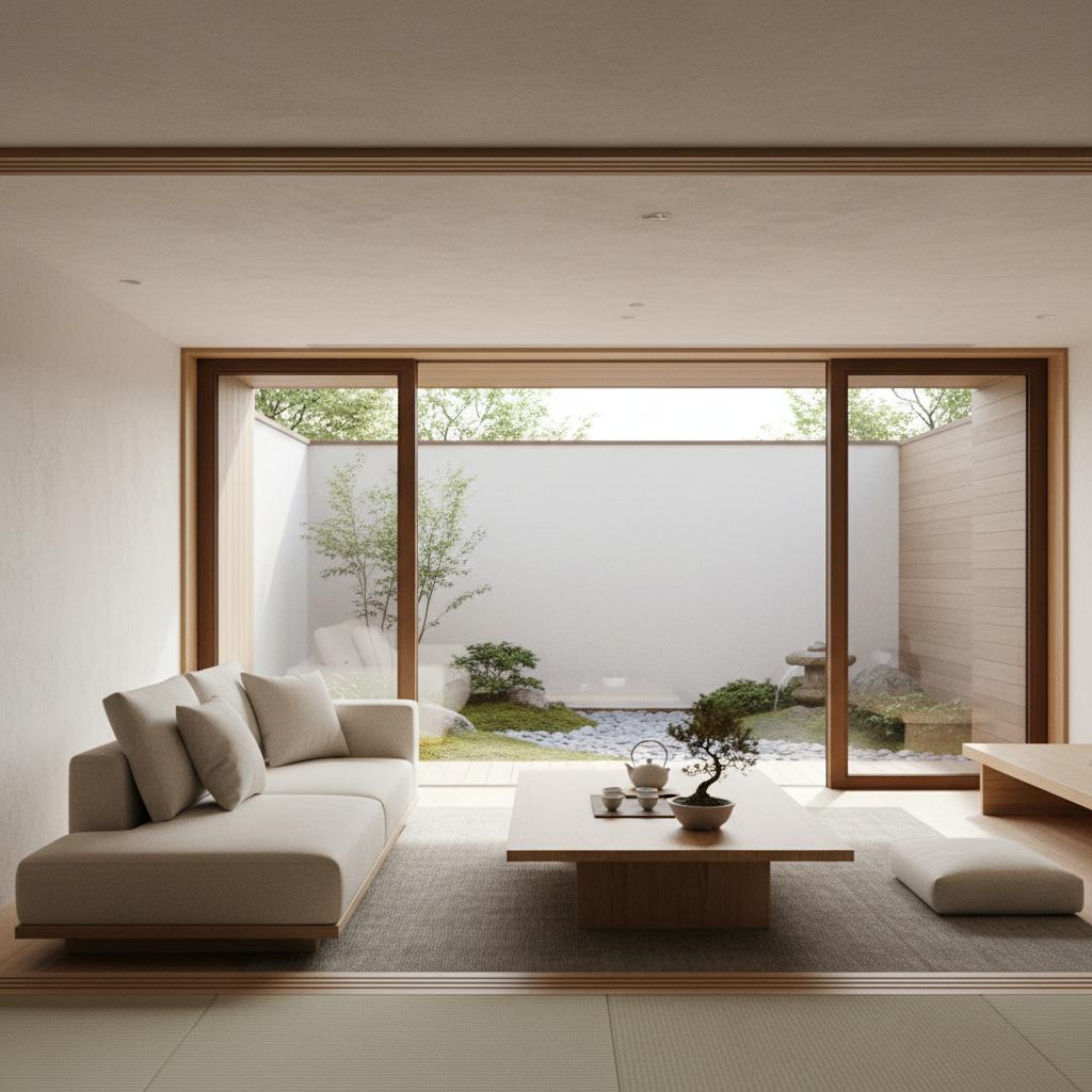 Phòng khách có cửa kính mở ra sân vườn