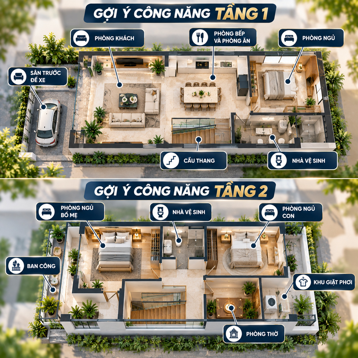 Bố trí công năng nhà 2 tầng 100m² 1 phòng ngủ tầng 1