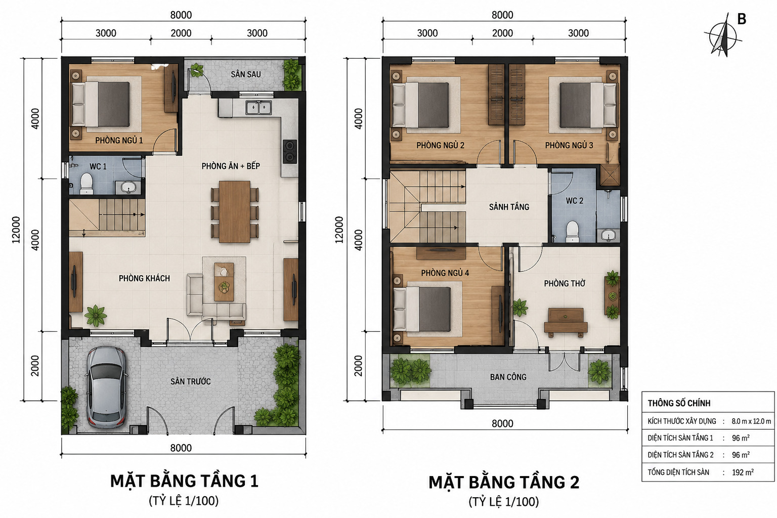 Sơ đồ mặt bằng tầng 1 và tầng 2