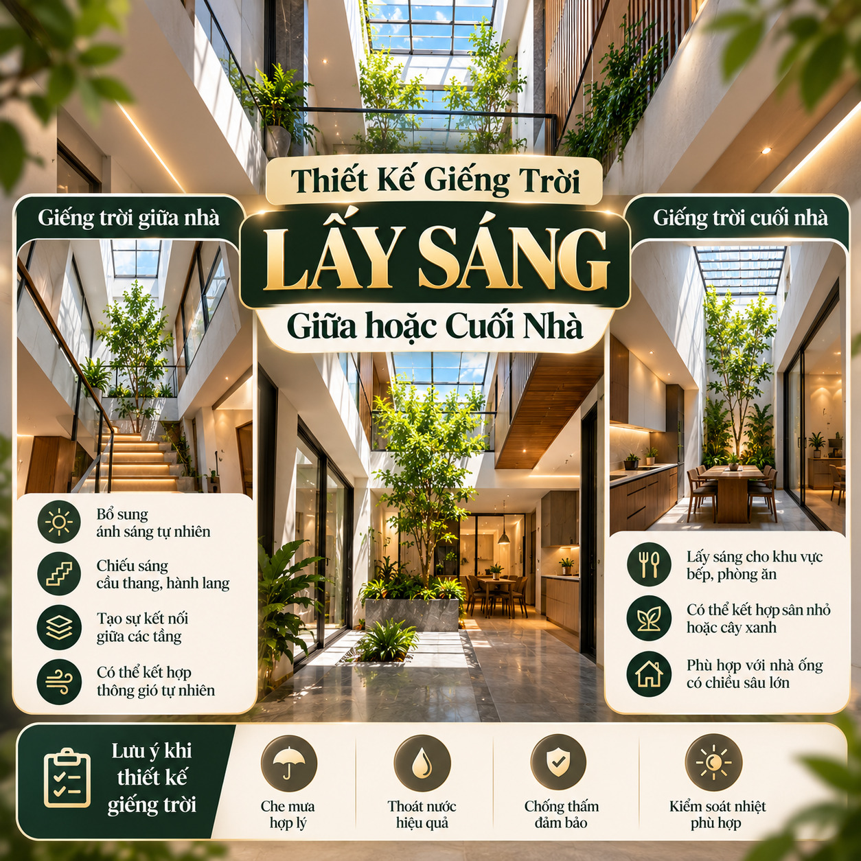 So sánh giếng trời giữa và cuối nhà ống